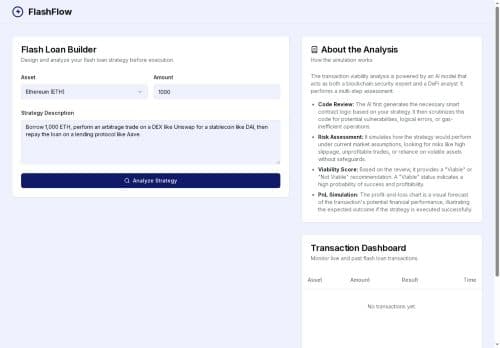 FlashFlow AI flash loan builder interface screenshot